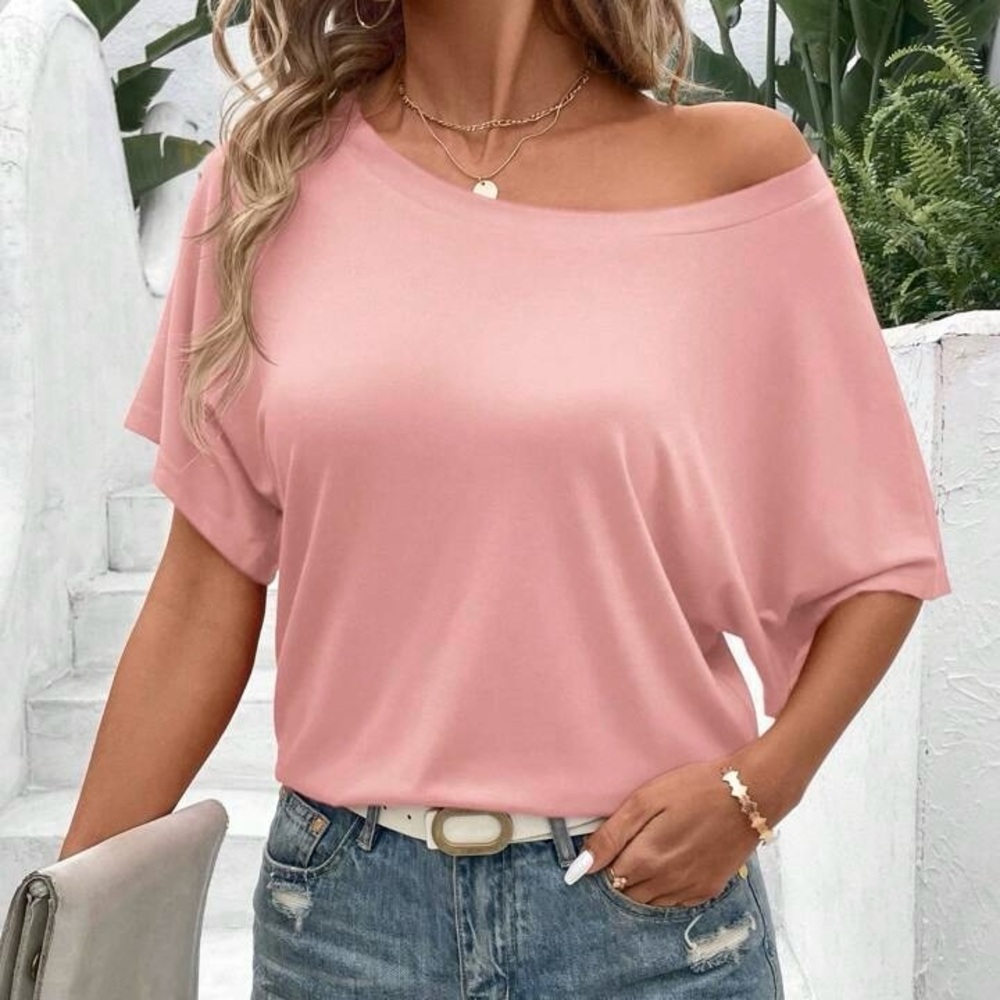 SHEIN LUNE Women’s Soft Pink Asymmetrical Round Neck Batwing Sleeve T-Shirt Sz L